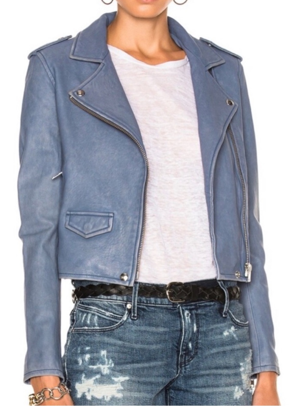 IRO Ashville 100% genuine lamb leather slate blue moto jacket size 40